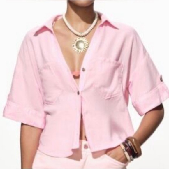 Zara Tops - ZARA, Pink Linen Cropped Button-Up Shirt, Size XS